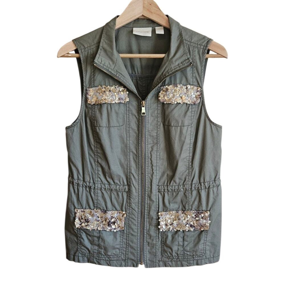 Chico's Vest Womens 0 Green Utility Full Zip Sequin Pockets Sleeveless Khaki